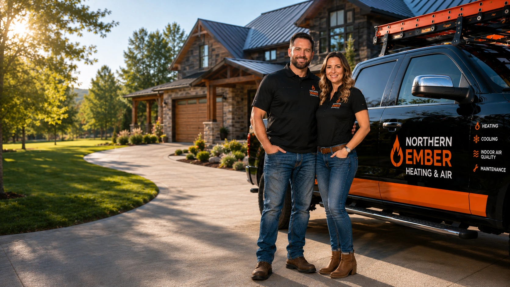 Northern Ember founders standing beside a branded service truck in a suburban driveway