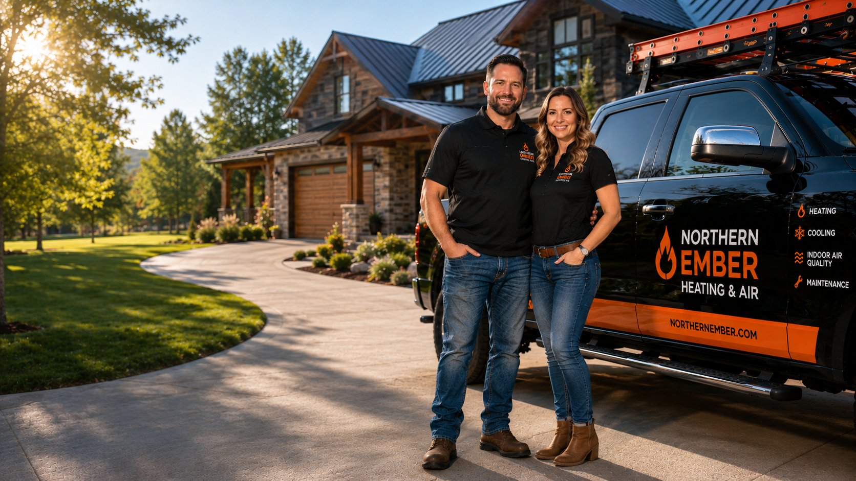 Northern Ember founders standing beside a branded service truck in a suburban driveway